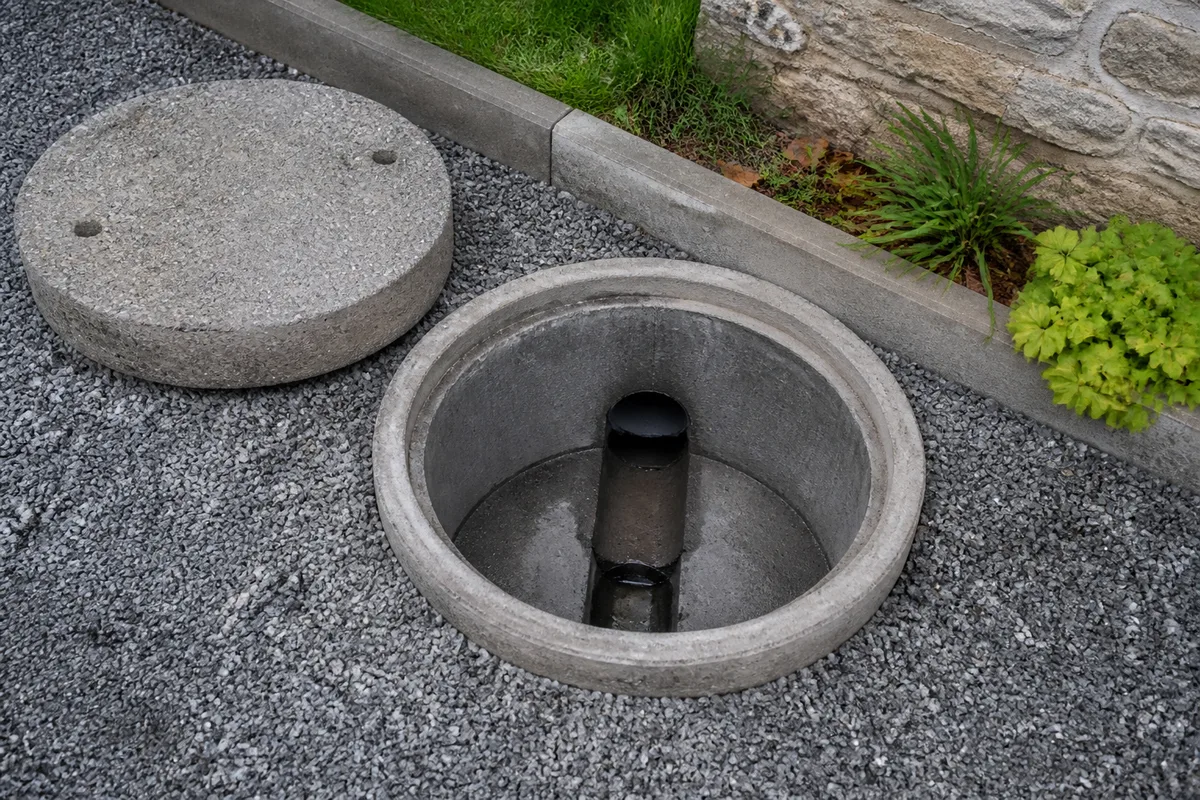 Regard de visite béton ouvert au bord d&rsquo;une allée gravillonnée, collecteur d&rsquo;eaux pluviales visible