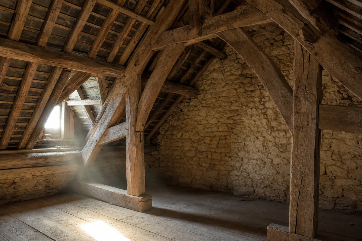 Charpente en chêne d’une maison charentaise ancienne, entraits et arbalétriers visibles sous la couverture