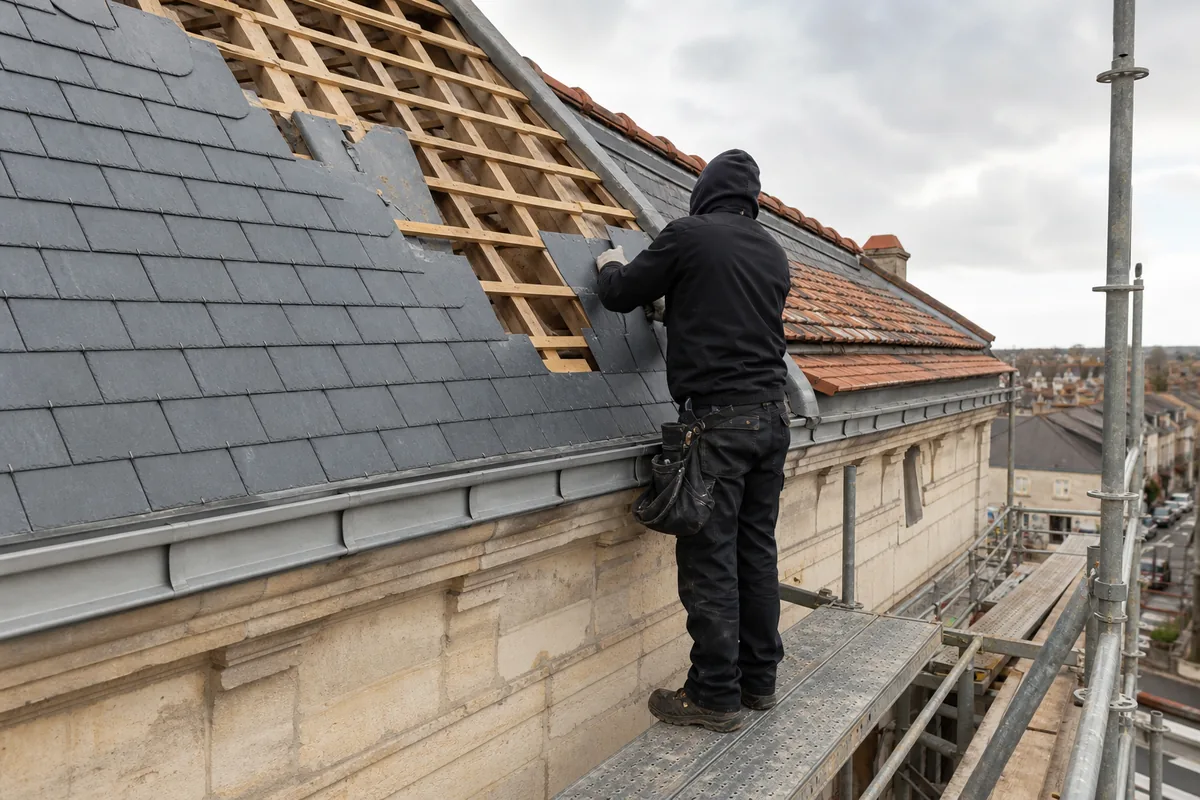 Silhouette de couvreur de dos sur un échafaudage devant une toiture en ardoise du centre ancien