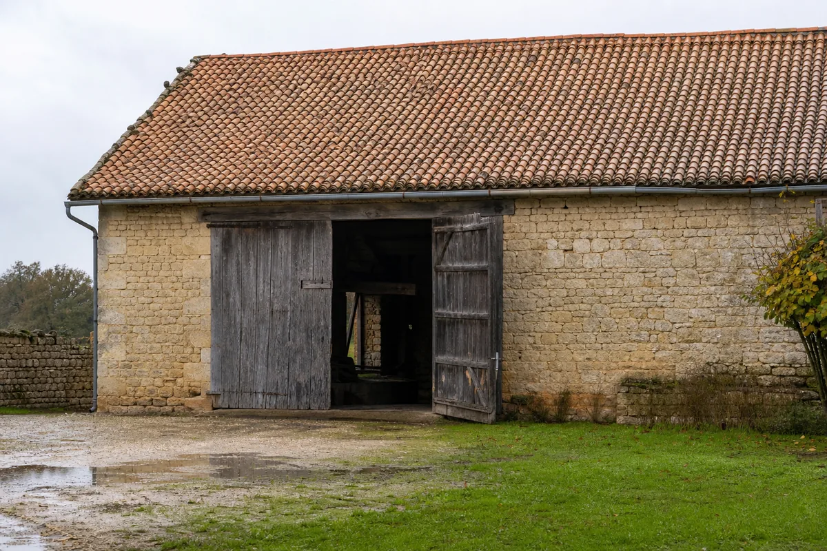 Toiture en tuile canal d’une grange charentaise vue depuis la cour d’une ferme du Sud Charente