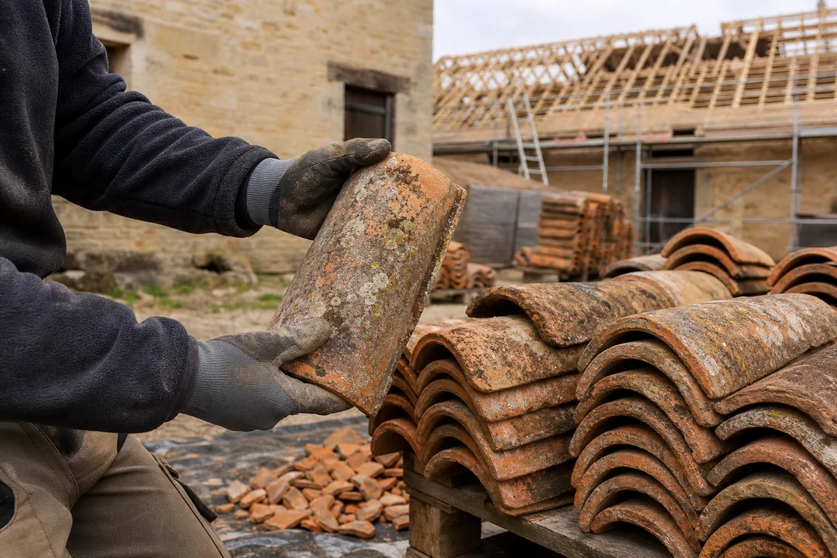 Tuiles canal anciennes triées en piles dans la cour d’une ferme pendant une dépose de couverture