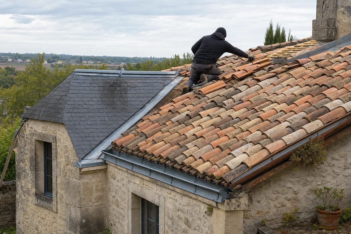 Longue toiture de chai en tuile canal à faible pente avec échafaudage et charpente en chêne