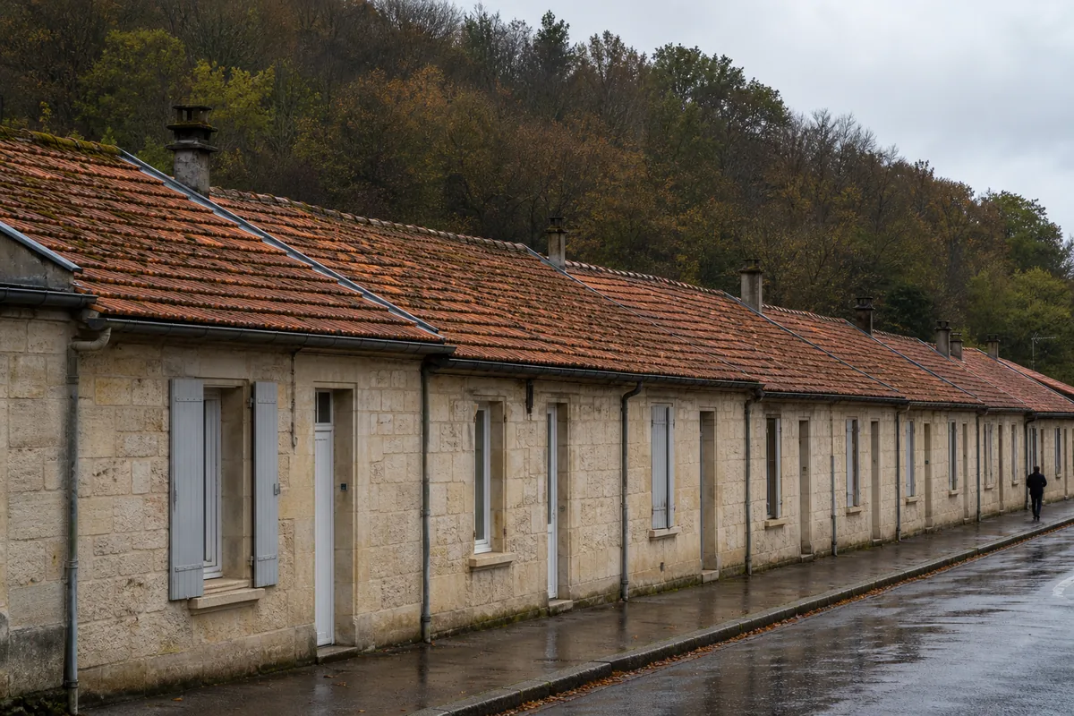 Rangée de maisons ouvrières mitoyennes couvertes en tuile canal dans la vallée de la Charente