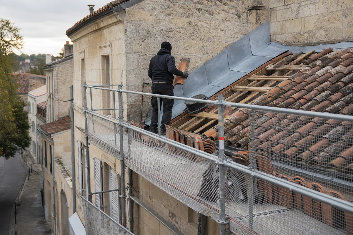 Échafaudage tubulaire monté sur un trottoir étroit devant une rangée de maisons en tuile canal