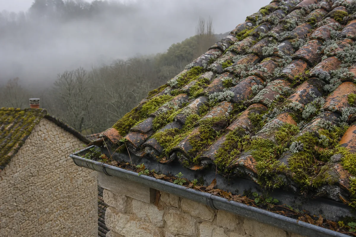 Toitures en tuile canal d&rsquo;un hameau de la vallée de la Touvre dans le brouillard du matin