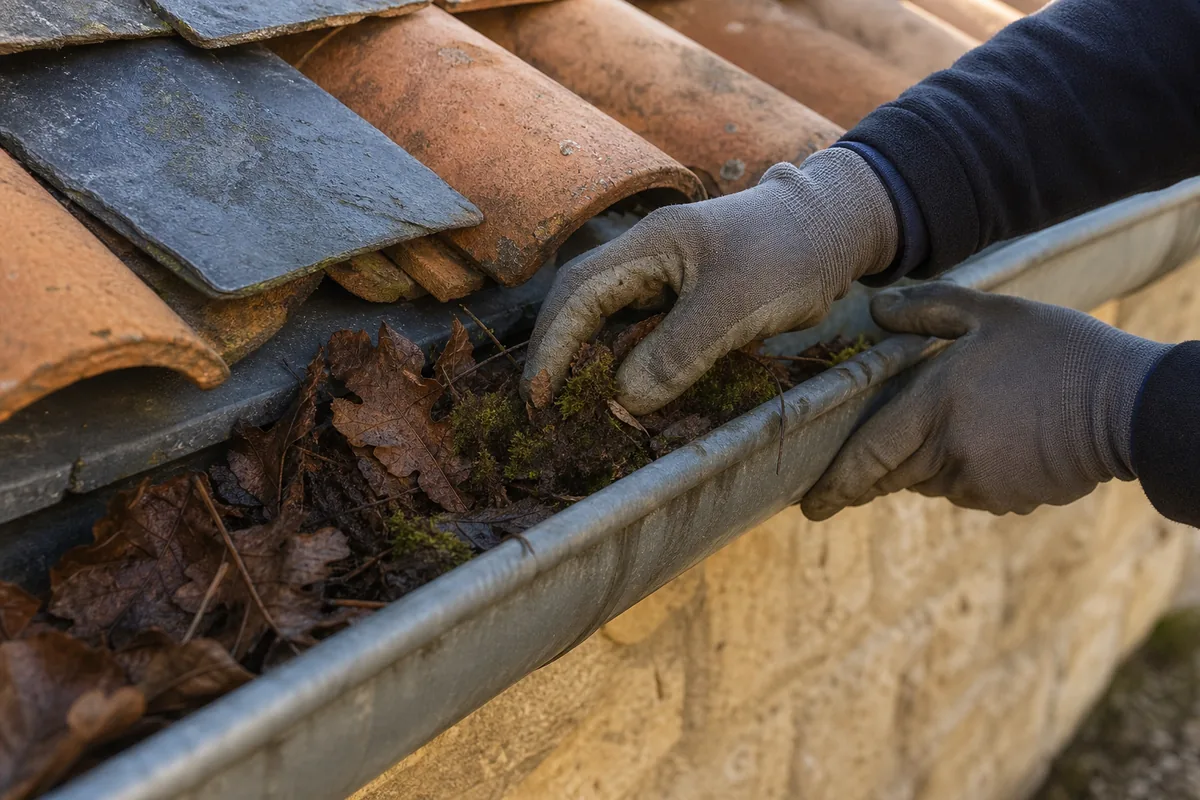 Mains gantées retirant feuilles et mousse d&rsquo;un chéneau en zinc mat au-dessus d&rsquo;un mur en pierre calcaire blonde