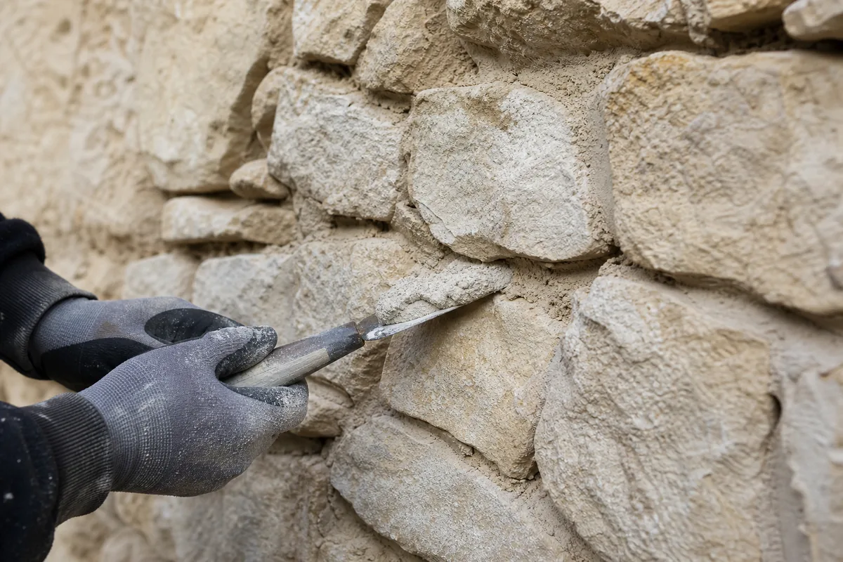 Mur ancien en moellons calcaires dont les joints ont été dégarnis avant rejointoiement à la chaux