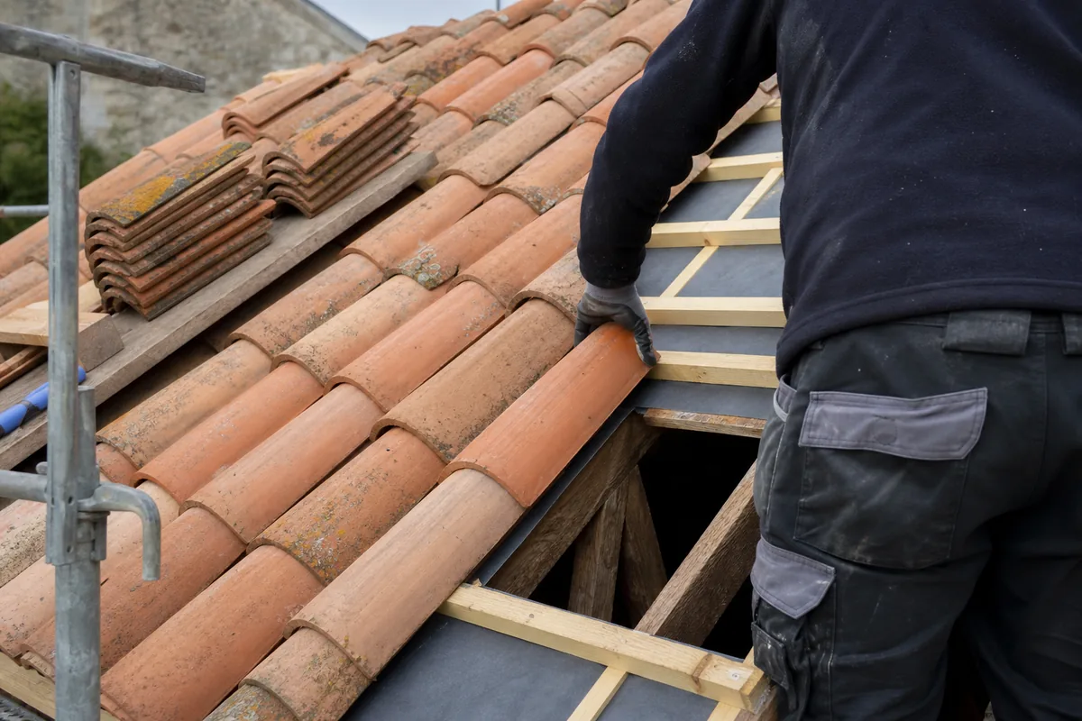 Toiture en tuile canal ocre partiellement déposée sur une maison charentaise, liteaux apparents