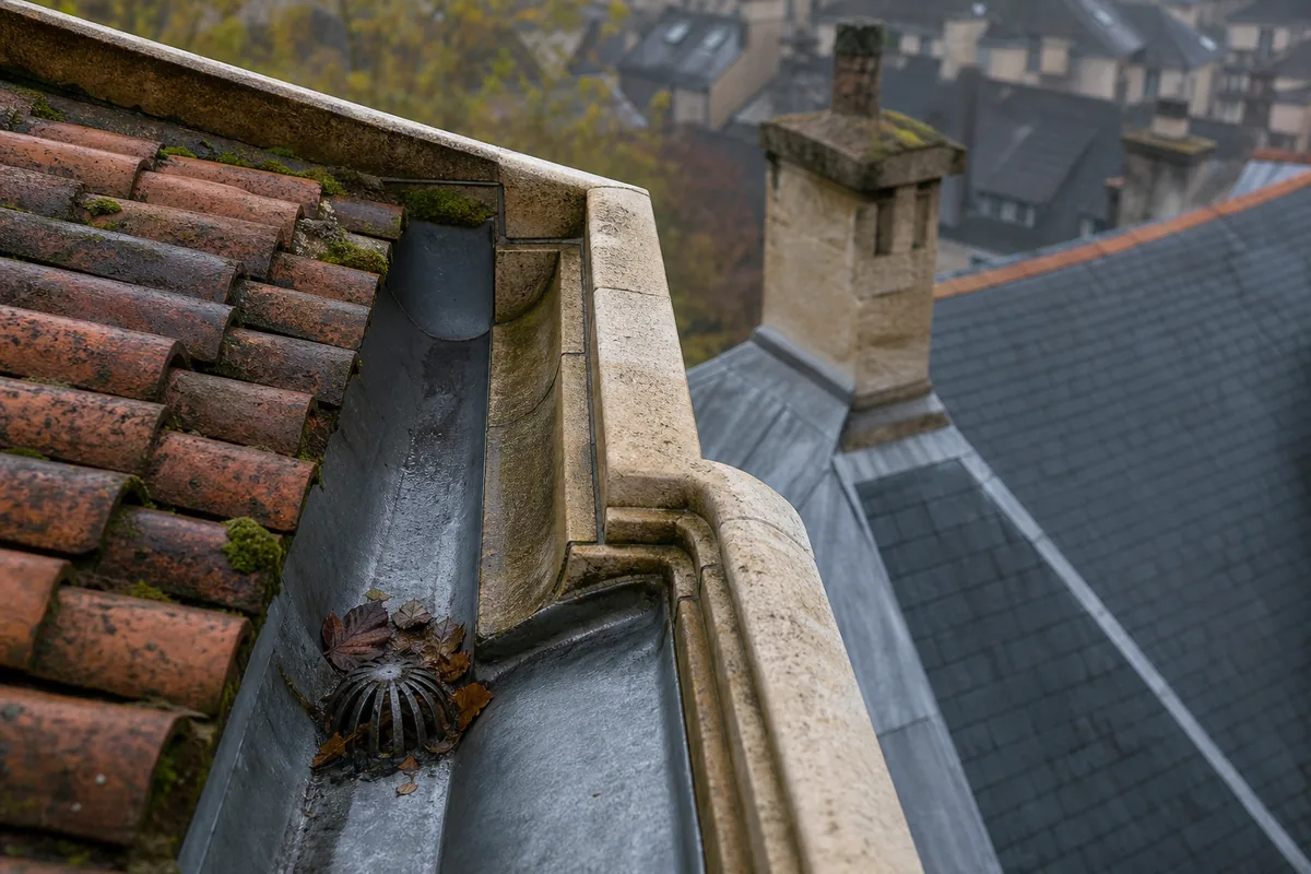 Chéneau encaissé derrière une corniche en pierre calcaire blonde sur une maison charentaise