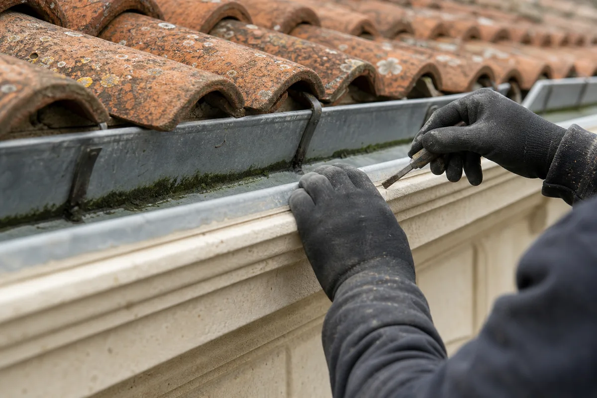Chéneau en zinc encaissé derrière une corniche en pierre calcaire blonde sur une maison du plateau d’Angoulême